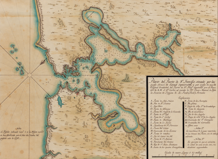 Historic 1776 map of San Francisco Bay by José de Cañizares, showing San Pablo Bay, waterways, islands, depth soundings, and early coastal landmarks.