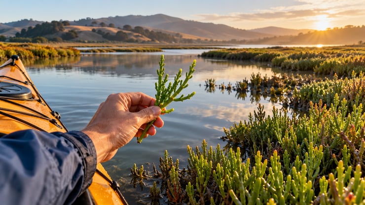 Kayaker holding a fresh sprig of sea bean over a calm tidal estuary surrounded by pickleweed and golden marshland at sunset.